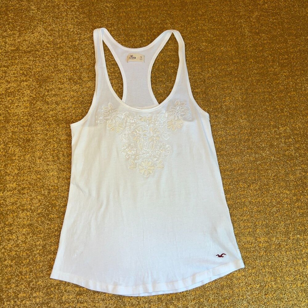 Hollister Y2K Style Racerback Tank Top Logo Floral Sequin Bling Women's S Cotton